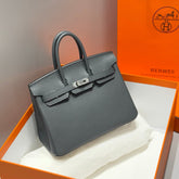 HERMES 25S MEDIUM BIRKIN 25 IN CHARCOAL GRAY CALFSKIN SILVER HARDWARE
