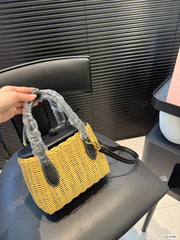 BASKET BAG 18 IN BROWN BEIGE WICKER AND BLACK CALFSKIN TRIM