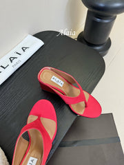 ALAIA WEDGE THONG SANDALS 25S IN RED SATIN