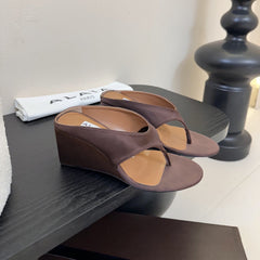 ALAIA WEDGE THONG SANDALS 25S IN BROWN SATIN