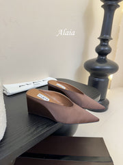 ALAIA HIGH MULES 25S IN BROWN SATIN