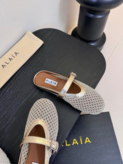 ALAIA FLAT MULES 25S IN GREY MIX GOLD WOVEN MESH