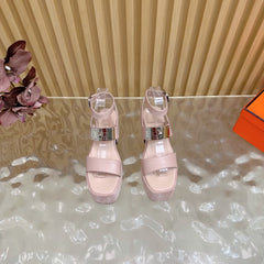 HM 25S CLASSIC WEDGE SANDALS 70 MM IN LIGHT PINK LAMBSKIN WITH SILVER HARDWARE