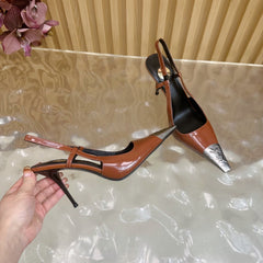 YSL 25S HIGH-HEEL SLINGBACKS 85 MM IN REDWOOD BROWN LAMBSKIN AND SILVER HARDWARE