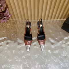 YSL 25S HIGH-HEEL SLINGBACKS 105 MM IN REDWOOD BROWN LAMBSKIN AND SILVER HARDWARE