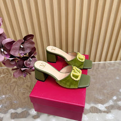 VALENTINO 25S HIGH-HEEL MULES 60 MM IN MOSS GREEN VELVET AND CALFSKIN WITH GOLD HARDWARE