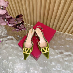 VALENTINO 25S HIGH-HEEL SLINGBACKS IN MOSS GREEN VELVET WITH GOLD HARDWARE