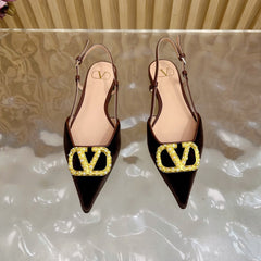 VALENTINO 25S FLAT SLINGBACKS IN DARK BROWN VELVET WITH GOLD HARDWARE