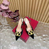 VALENTINO 25S HIGH-HEEL SLINGBACKS IN DARK GREEN VELVET WITH GOLD HARDWARE