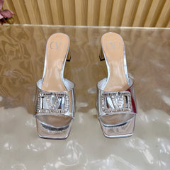 VALENTINO 25S HIGH-HEEL MULES 60 MM IN SILVER PATENT CALFSKIN WITH CRYSTAL-EMBELLISHED STRAP