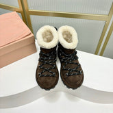 LACE-UP ANKLE BOOTS IN CHOCOLATE SUEDE AND FLEECE LINING