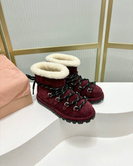 LACE-UP ANKLE BOOTS IN BERRY RED SUEDE AND FLEECE LINING