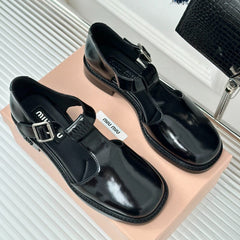 Square Toe Thick Heel Retro Mary Jane Shoes Black Calfskin