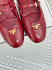 PRADA 25S DUAL MARY JANE BALLERINA MULES IN RED WINE CALFSKIN