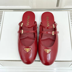 PRADA 25S DUAL MARY JANE BALLERINA MULES IN RED WINE CALFSKIN