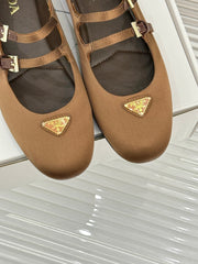 PRADA 25S DOUBLE STRAP BALLERINAS IN DARK BROWN SATIN