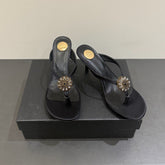 YSL HEELED THONG SANDALS 25S IN BLACK SATIN WITH CRYSTAL