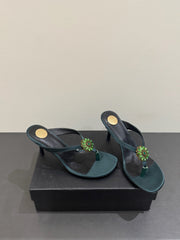 YSL HEELED THONG SANDALS 25S IN DARK ARMY GREEN SATIN WITH CRYSTAL