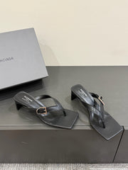 BALENCIAGA 25S HIGH-HEELED FLIP-FLOPS IN BLACK CALFSKIN WITH SILVER HARDWARE