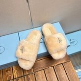 THICK-SOLED FUR SLIDES TUSCAN BEIGE WITH TRIANGLE LOGO