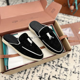 Loro Piana Black White Suede Charms Walk Flat Mules