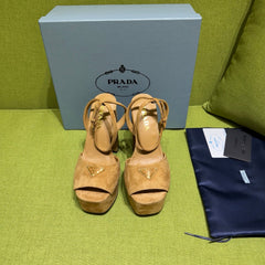 PRADA 25S HIGH-HEEL SANDALS 140 MM IN CARAMEL BROWN SUEDE STYLE 2