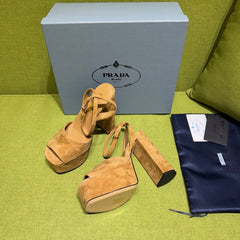 PRADA 25S HIGH-HEEL SANDALS 140 MM IN CARAMEL BROWN SUEDE STYLE 2