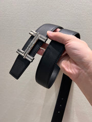 HM TRAVERSE BELT BUCKLE & REVERSIBLE BLACK LEATHER STRAP 38 MM SILVER HARDWARE