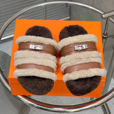 HM 25S SANDAL IN BEIGE WOOL AND BROWN LAMBSKIN WITH SILVER HARDWARE