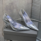 BALENCIAGA 25S HIGH-HEEL SHOES 85 MM IN SILVER COW LEATHER