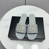 CC SLIDE SANDALS 25S IN DUSTY BLUE GREY CALFSKIN WITH LOGO