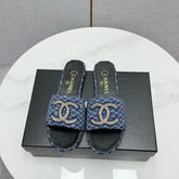 CC SLIDE SANDALS 25S IN DARK BLUE DENIM AND CALFSKIN WITH LOGO
