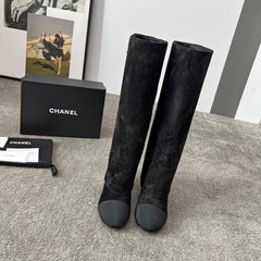 CHANEL 25S HIGH BOOTS 55MM IN BLACK SUEDE AND CANVAS GOLD HARDWRE