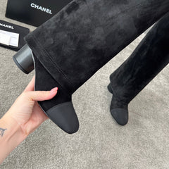 CHANEL 25S HIGH BOOTS 55MM IN BLACK SUEDE AND CANVAS GOLD HARDWRE