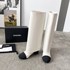 CHANEL 25S HIGH BOOTS 55MM IN IVORY BLACK CALFSKIN AND CANVAS GOLD HARDWRE