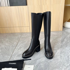 CHANEL 25S HIGH BOOTS STRETCHY SHAFT 85MM IN BLACK CALFSKIN GOLD HARDWRE
