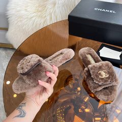 CHANEL 25S FUR SLIPPERS IN DARK BROWN LOGO GOLD HARDWRE
