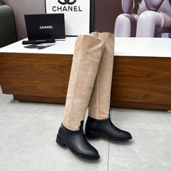 CHANEL 25S KNEE-HIGH BOOTS 35MM IN BLACK CALFSKIN AND TAUPE GRAY SUEDE