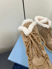 LACE-UP ANKLE BOOTS IN TAN BEIGE SUEDE AND SHEARLING LINING