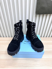 PRADA 25S MONOLITH BOOTS IN BLACK SUEDE