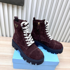 PRADA 25S MONOLITH BOOTS IN DARK PLUM BROWN SUEDE
