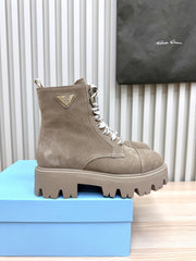 PRADA 25S MONOLITH BOOTS IN MUTED KHAKI BROWN SUEDE