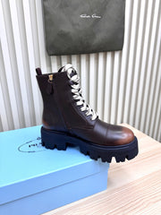 PRADA 25S MONOLITH BOOTS IN DARK BROWN CALFSKIN