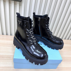 PRADA 25S MONOLITH BOOTS IN BLACK GLOSSY CALFSKIN