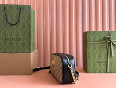 MARMONT MEDIUM SHOULDER BAG 24 IN BEIGE AND BROWN GG CANVAS BLACK CALFSKIN