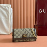 OPHIDIA WALLET ON CHAIN 19 IN BEIGE AND DARK BROWN COATED FABRIC AND CALFSKIN