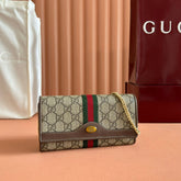 OPHIDIA WALLET ON CHAIN 19 IN BEIGE AND DARK BROWN COATED FABRIC AND BROWN CALFSKIN TRIM