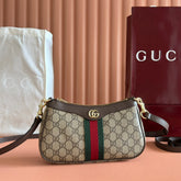 OPHIDIA SMALL SHOULDER BAG 26 IN BEIGE AND DARK BROWN CANVAS