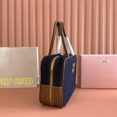 MIUMIU 25S BEAU DENIM BAG 34 IN DARK BLUE DENIM AND BROWN CALFSKIN