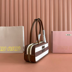 MIUMIU 25S BEAU BAG 28 BROWN AND BEIGE STRIPES IN CANVAS AND CALFSKIN
